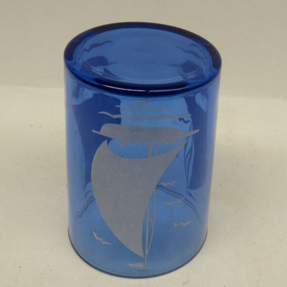 Hazel Atlas Glass Cobalt Blue SAILBOAT SHIPS Straight Sided 3 3/4" 9 Oz Tumbler - Picture 4 of 4